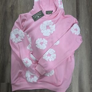 Pink Hoodie with White Floral Design